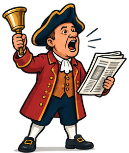 The townCryer mascot, a town crier ringing a bell and holding the day's news